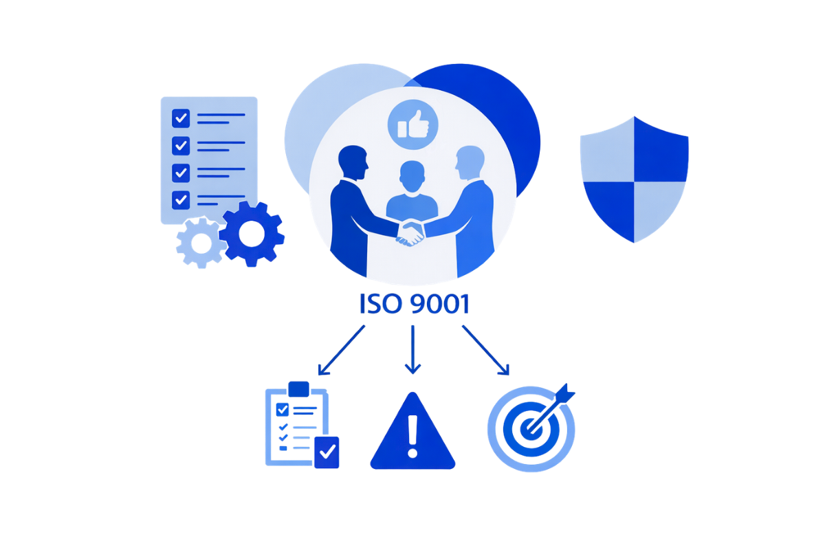 Grafische Darstellung zur ISO 9001 mit Fokus auf Qualitätsmanagement und Unternehmensprozessen.