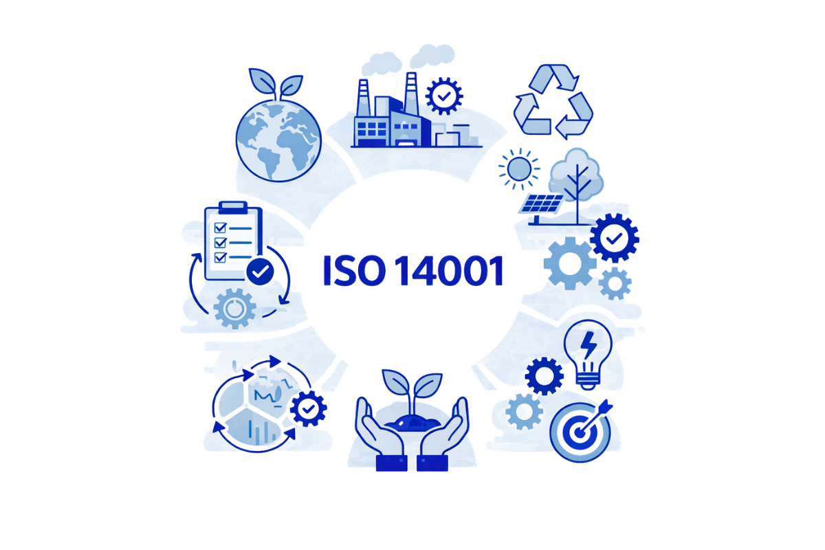 Grafische Darstellung zur ISO 14001 mit Fokus auf Managementsysteme mit Umweltfaktor